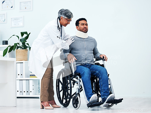 Image of Hospital, injury and doctor with man in wheelchair for medical emergency, accident and surgery. Healthcare, clinic and health worker with patient with disability for help, support and rehabilitation