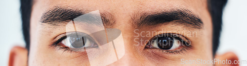 Image of Portrait, closeup and eyes of man for vision, focus and healthcare with medical test for contact lenses or eyesight. Zoom, eye exam and iris of model looking, lens care and wellness for healthy sight