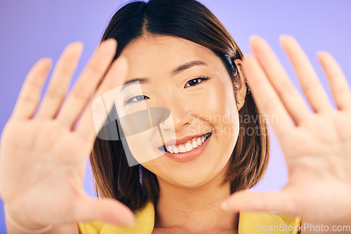 Image of High five, hands and portrait of woman with support, care or gesture for motivation, success and happiness in studio. Palm, hand or face of Asian model with smile for team building or positive person