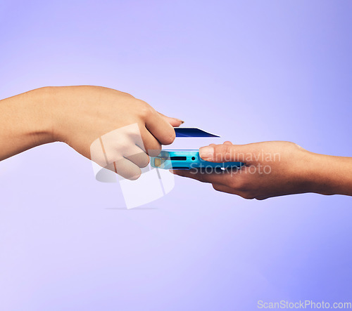 Image of Card machine, shopping and people hands at POS, online payment and digital service or paperless fintech. Retail, credit and cashier, customer or person at point of sale on studio or purple background