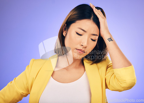 Image of Anxiety, thinking and woman with stress in crisis, accident or mistake in business, startup or fail in professional career. Frustrated, face and sad Asian businesswoman with hand, decision or choice