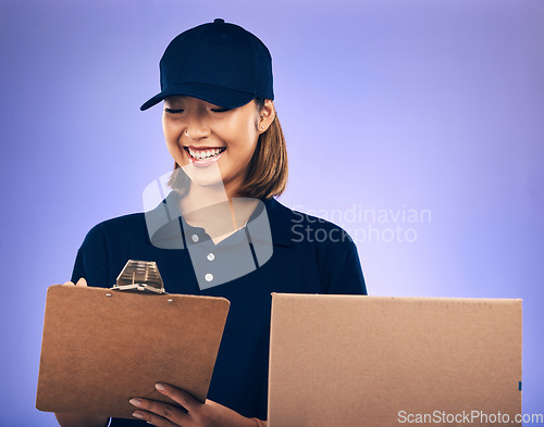 Image of Woman sign paperwork, clipboard and delivery with box, shipping invoice and ecommerce on purple background. Supply chain, female worker with checklist and signature, package and courier service