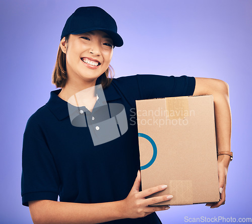 Image of Delivery, box and woman, shipping and portrait, smile with e commerce and supply chain on purple background. Female employee, logistics and supplier with cardboard package, courier service and export