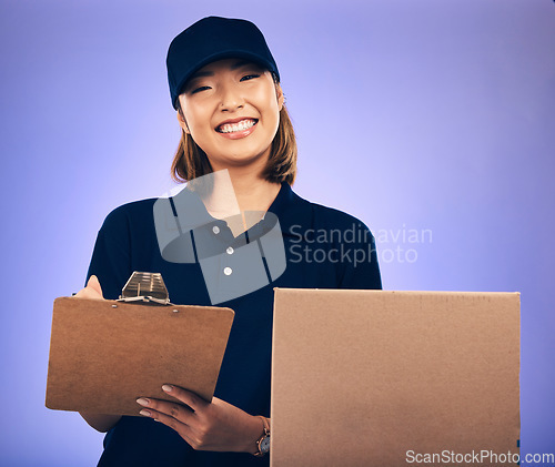 Image of Woman sign document, clipboard and delivery box, shipping invoice and e commerce on purple background. Supply chain, female worker in portrait, checklist and signature, package and courier service