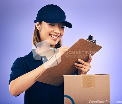 Image of Delivery, box and woman, shipping and clipboard, signature with invoice and supply chain isolated on purple background. Female worker, checklist and sign, supplier with package and courier service