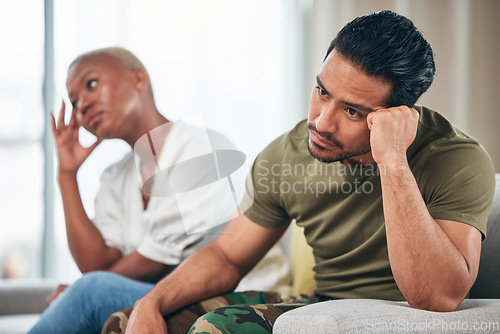 Image of Divorce, fight and couple on a couch, ignore and anger with depression, argument and marriage. Relationship, black woman or Asian man on a sofa, fighting and angry with stress, home and frustrated