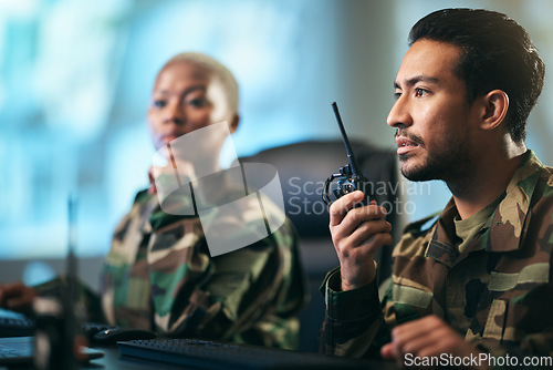 Image of Walkie talkie, army and military team at the station with computer giving directions. Technology, collaboration and soldiers in control room or subdivision with radio devices for war contact.