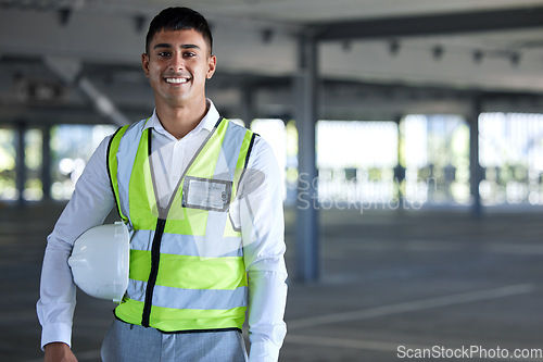 Image of Architect portrait, confident construction worker or happy man for real estate development, project or career job. Civil engineering, property inspector and person with pride, PPE and ready for work