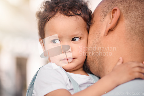 Image of Love, dad and child hug, family bonding with support and trust in safety of parents embrace. Security, future hope and father holding baby outside, hugging and spending safe quality time together.