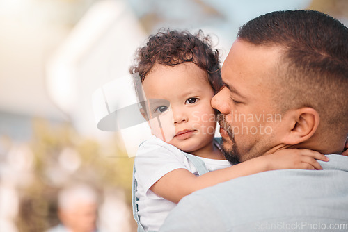 Image of Love, dad and portrait of child hugging, family bonding mockup with support and trust in safety of parents embrace. Security, future hope and father with baby, hug and spending quality time together.