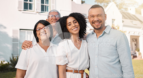 Image of Portrait, love and a family in the garden of a home together during a visit in summer for bonding. Smile, parents and retirement with a group of happy people standing in the backyard of a house