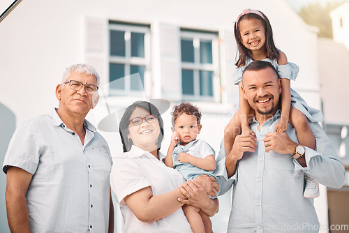 Image of Happy, smile and portrait of big family at new house for love, support and generations. Happiness, relax and grandparents with children and father at home together for free time, care or affectionate