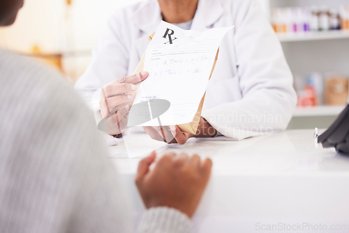 Image of Doctor, hands and patient at pharmacy for medication prescription, drugs or consultation at store. Medical or healthcare professional consulting client on dosage for pharmaceutical product at clinic