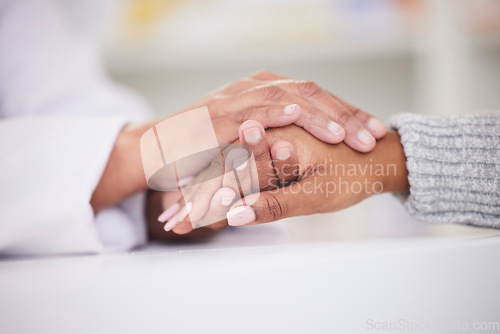 Image of Holding hands, patient and doctor with support, empathy and care in medicine, clinic or hospital worker with woman in crisis. Doctors hand, nurse or person with kindness, solidarity or respect