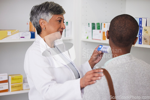 Image of Woman, pharmacist and helping customer with medicine info, healthcare services and product advice. Pharmacy, consulting and medical support in retail store, pharmaceutical shop or drugstore for pills