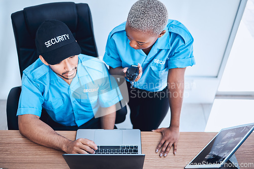 Image of Security guard, laptop and police team watching surveillance footage of emergency or investigation. Protection, safety and officer talking in a law enforcement service office for crime in top view
