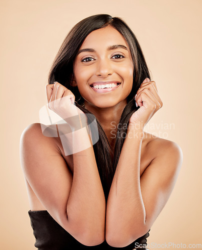 Image of Hair, face and woman with beauty, cosmetics and keratin treatment isolated on studio background. Female model in portrait, haircare and growth with texture, cosmetology shine and salon hairstyle