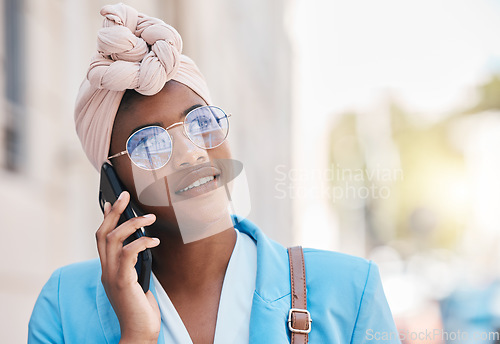 Image of Thinking, phone call and black woman in city for business communication with contact. African professional, vision and smartphone for conversation, discussion or talking, listening and chat outdoor.