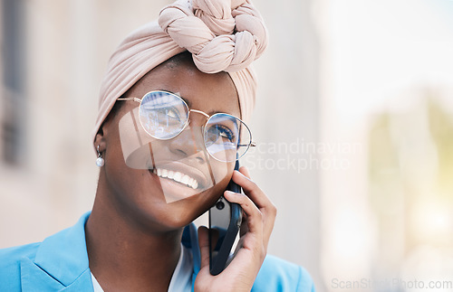 Image of Phone call, communication and young businesswoman in the city with smile and confidence. Happy, technology and face of professional African female lawyer on mobile conversation with cellphone in town