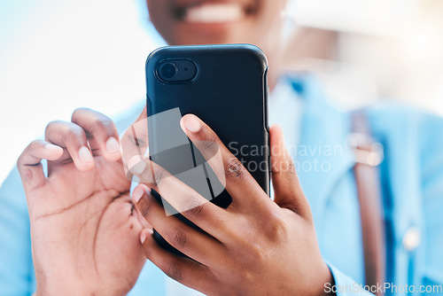 Image of Closeup, hands and woman with a cellphone, typing and internet connection with social media, network and chatting. Female person, entrepreneur and smartphone with website information and mobile app