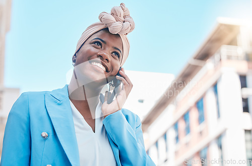 Image of Smile, phone call and black woman in city for business communication with contact. African professional, happy and smartphone for conversation, discussion or talking, listening or mobile chat outdoor