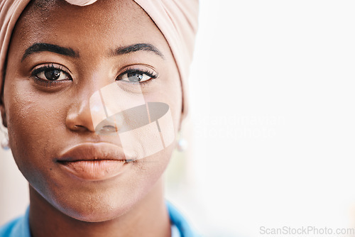 Image of Black business woman, portrait and space in closeup for mockup, pride and confident for job as legal advisor. African lady, corporate law expert and face with zoom, fashion and beauty for career