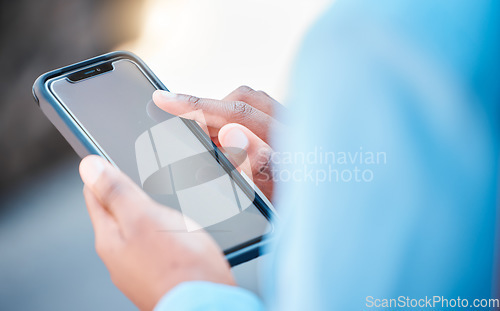 Image of Closeup, screen and woman with a smartphone, typing and internet connection with social media, chatting or text. Female person, consultant or cellphone with communication, sms or website information