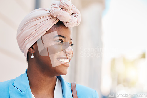 Image of Thinking, happy and a black woman in the city for work, business vision and ideas in the morning. Professional, urban and an African girl or corporate worker with a smile for a career or job