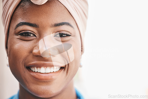 Image of African business woman, portrait and space in closeup for mock up, pride and happy for job as legal advisor. Black lady, corporate law expert and face in zoom, fashion or smile with beauty for career