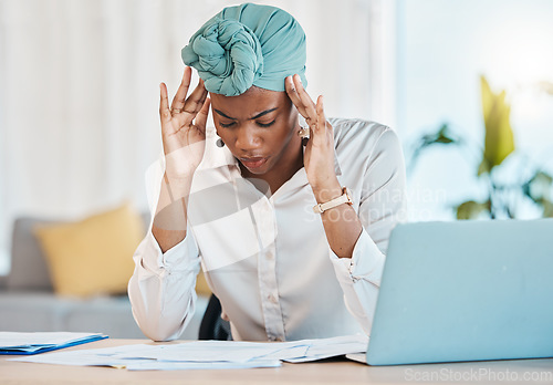 Image of Tax stress, paperwork and a black woman with a headache from a finance audit or accounting problem. Tired, business and an African corporate employee with anxiety about company financial budget