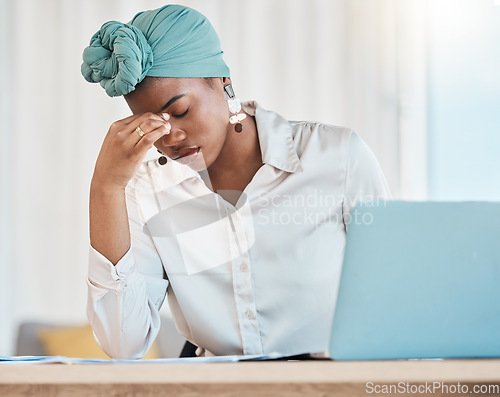 Image of Business, burnout and black woman with a headache, stress and employee overworked, depression and fatigue. Female person, consultant and agent with a migraine, laptop and tired with pain and anxiety