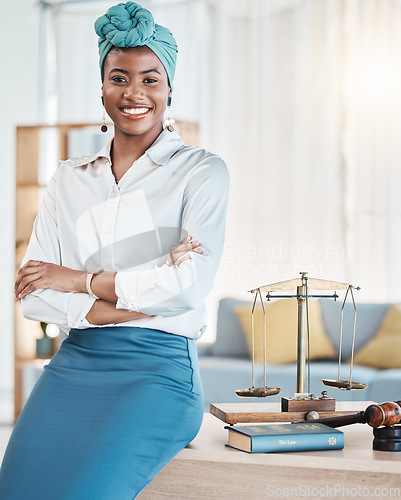 Image of Legal pride, portrait and a black woman with arms crossed at work for professional job as a lawyer. Happy, business and an African employee or justice worker with confidence and career empowerment