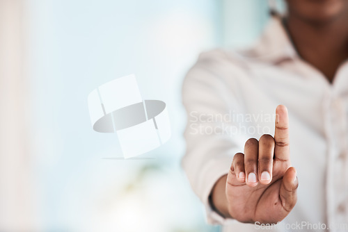 Image of Finger, digital interface and business woman with hand gesture for biometrics, hud and ui mockup. Corporate, professional and female person touch for user experience, cybersecurity and touchscreen