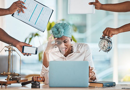 Image of Frustrated, busy and a black woman with hands and laptop for business, team chaos and stress. Anger, meeting and an African employee with anxiety about an email and problem from workers about project