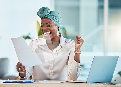 Image of Laptop, documents and wow with a business black woman in celebration while reading her promotion contract. Success, motivation and paper with a young female employee cheering as a winner in an office