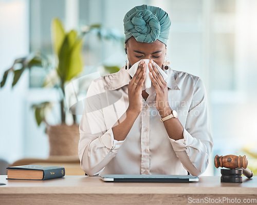 Image of Workplace, blowing nose or sick black woman with tissue, flu or worker with health problems or illness in office. Lady, sneezing or businesswoman with toilet paper, allergy virus or fever disease