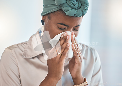 Image of Office, blowing nose or sick black woman with tissue, flu or worker with health problems or illness in workplace. Lady, sneezing or businesswoman with toilet paper, allergy virus or fever disease