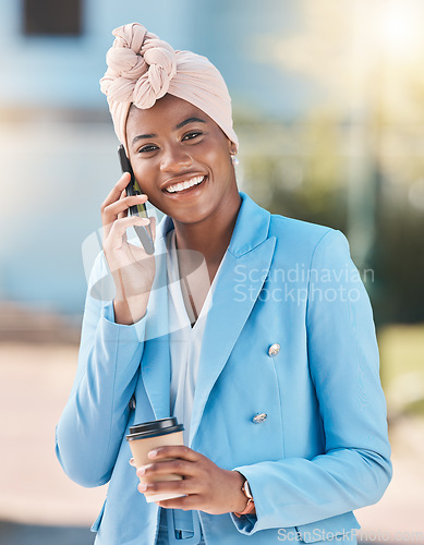 Image of Portrait, phone call and black woman with coffee in city for communication with business contact. African professional, face and smile with smartphone for conversation, discussion or talking outdoor.