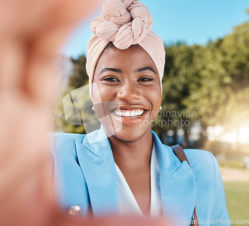 Image of African business woman, selfie and smile in park with fashion, beauty and happy for post on social network app. Black entrepreneur, photography and profile picture for web blog, portrait and nature