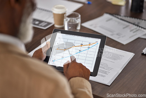 Image of Hand of man in meeting with tablet, charts and graphs, stats for sales report, data and information in office. Business growth, online statistics or performance review, analytics in profit research.