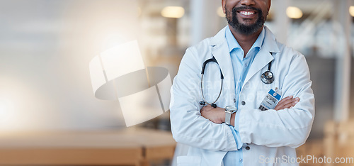 Image of Healthcare, professional and proud with black man at hospital with leader or vision for success. Surgeon, worker and doctor with service in medicine or cardiologist in management with lab coat.