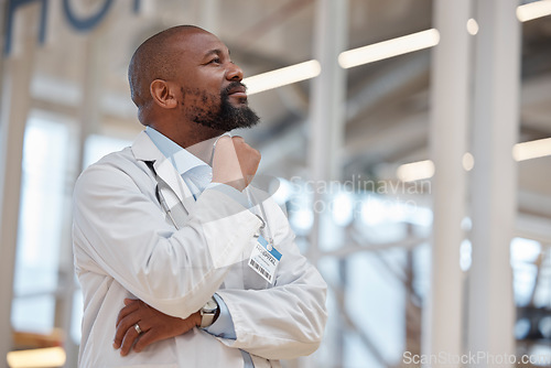 Image of Thinking, hospital doctor and black man planning medical project, healthcare inspiration or brainstorming clinic innovation. Medicine idea, surgeon plan and African person question cardiology service