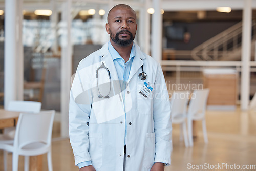 Image of Portrait, black man and serious doctor in hospital for healthcare. African medical professional, face and surgeon, worker or confident employee from Nigeria for wellness, insurance and health service