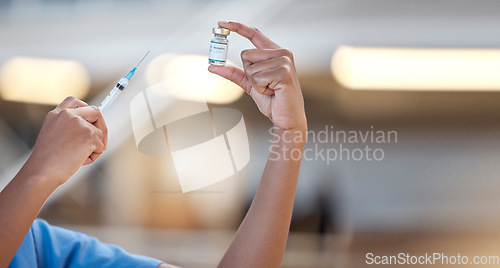 Image of Vaccine, hands and doctor with syringe for monkeypox, bottle and medicine for healthcare in hospital. Closeup, nurse and liquid vial with injection for vaccination, medical virus and healthy immunity