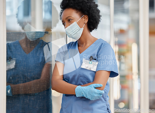 Image of Surgeon mental health, depressed black woman or thinking about surgery fail, hospital accident or clinic crisis. Covid, problem or African female doctor sad with medical mistake, stress or healthcare