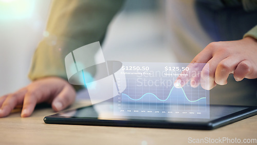 Image of Woman, hands and tablet with 3d hologram of graph or chart for data statistics or analytics on office desk. Hand of female person or trader on technology in finance, profit or cryptocurrency on table