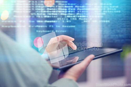 Image of Woman, hands and tablet with coding overlay in digital transformation, software or hardware development. Hand of female person, coder or developer with technology or data analytics in double exposure