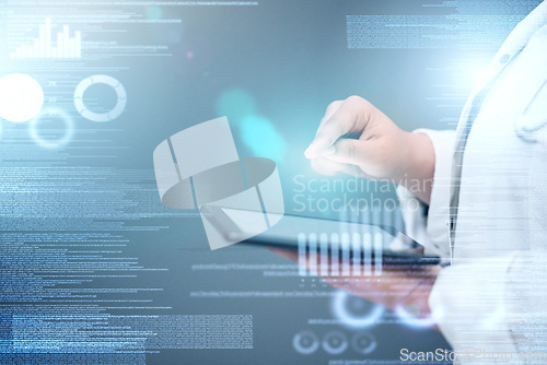 Image of Doctor, hands and tablet with data overlay for healthcare innovation, statistics or analytics in science research. Hand of woman or medical professional working on technology with digital information