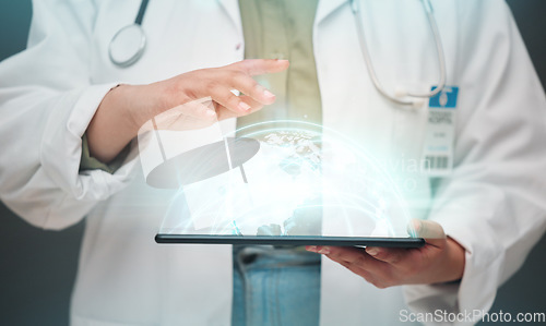Image of Doctor, hands and tablet with 3d hologram for global communication, healthcare or Telehealth at hospital. Hand of person or medical professional with technology display or app for global medicare