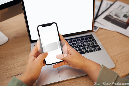 Image of Screen, laptop and person typing on a phone and search internet for branding and business technology or social media. Online, ux and hands of entrepreneur writing on mobile app, email and networking